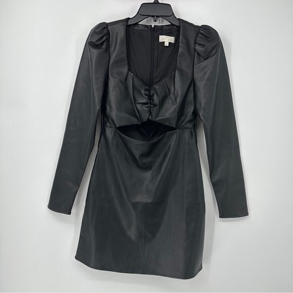 Torn by Ronny Kobo Puffed Sleeve Bodycon Vegan Leather Midriff Cutout Minidress - Picture 1 of 8